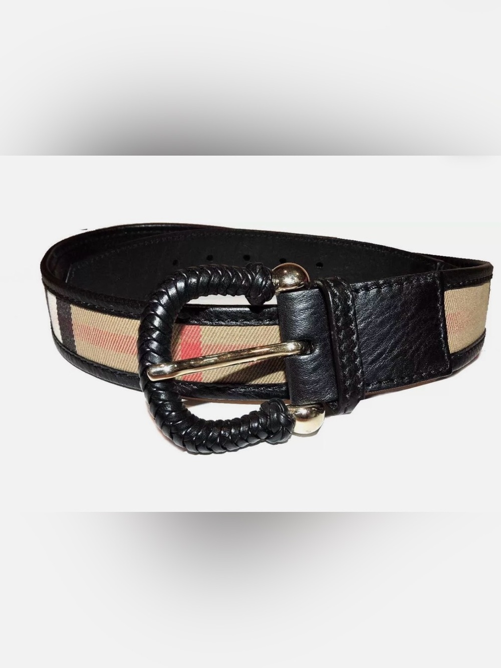 Burberry Black Leather Plaid Accent Belt